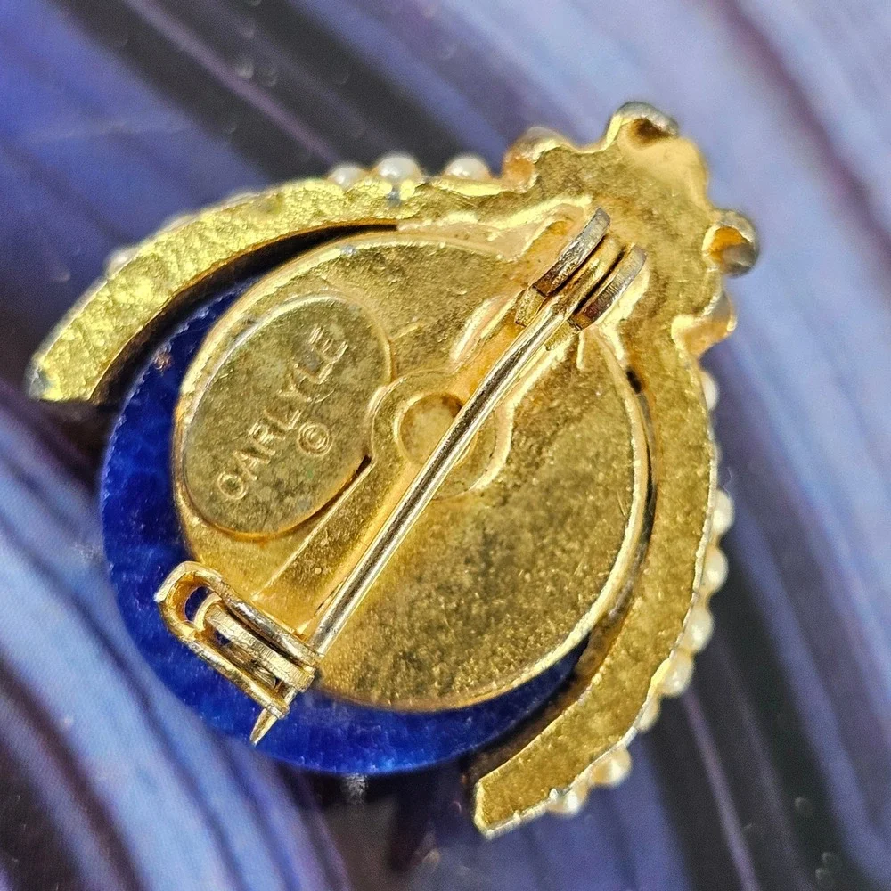 Carlyle Vintage Gold Tone Ladybug Brooch Faux Pearl‎ Blue Lapis Cabochon Beetle